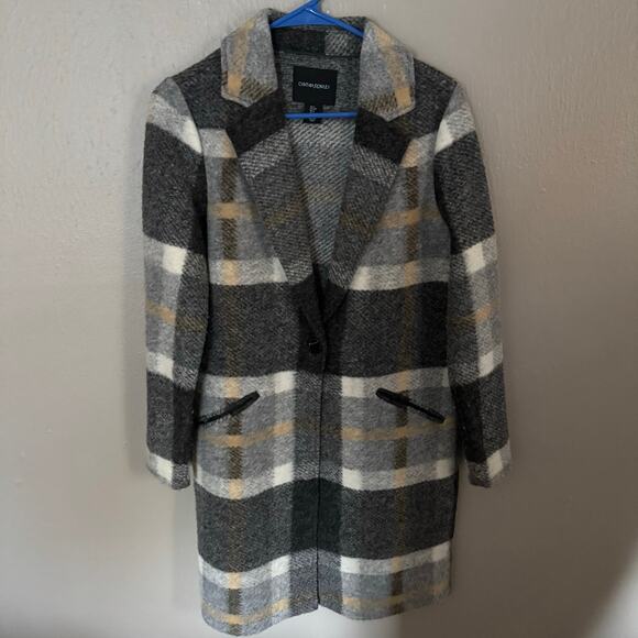 CYNTHIA ROWLEY Grey and Yellow Plaid Long Wool Blend Shirt Jacket Size Small - Picture 1 of 6